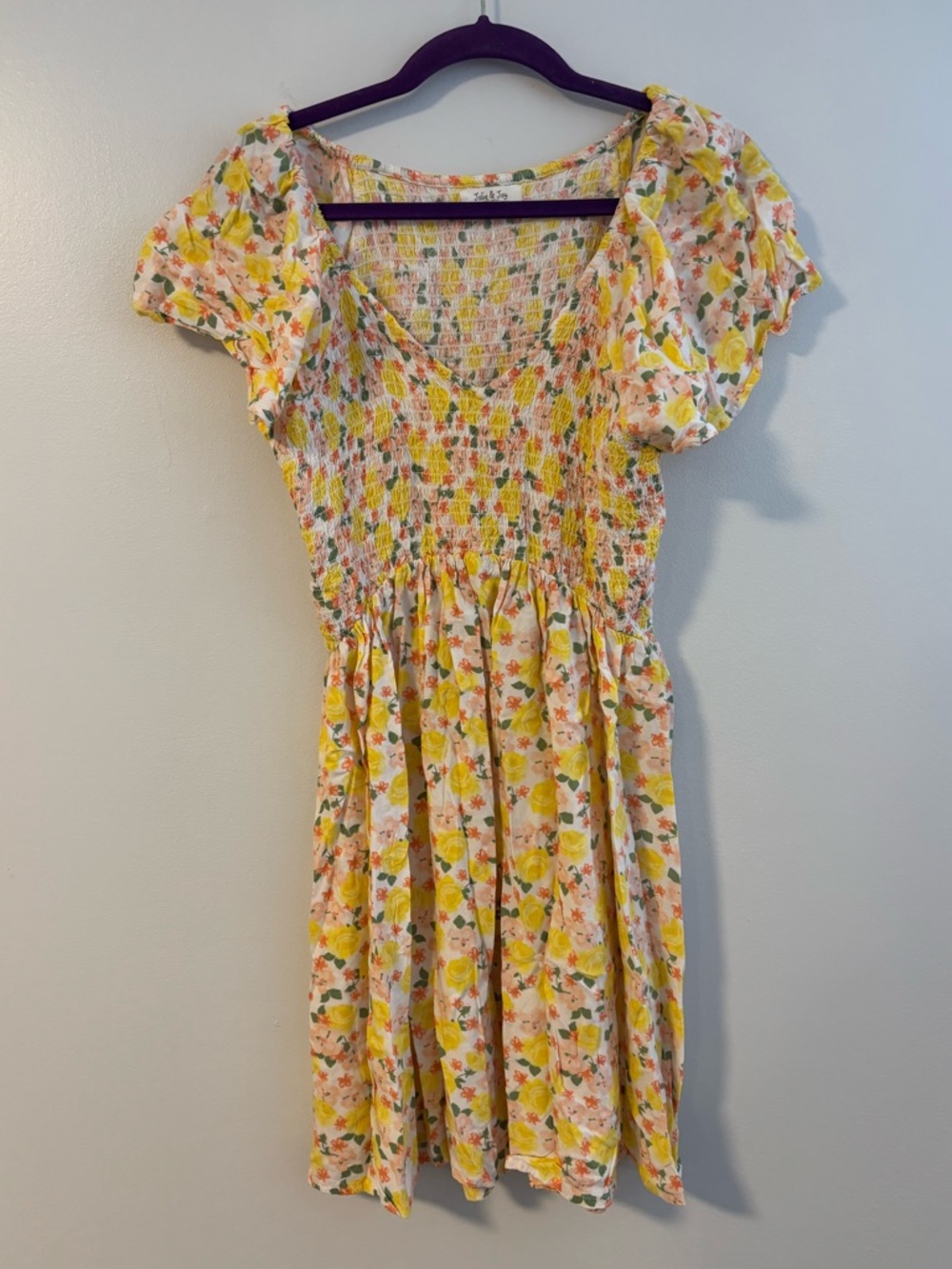 JOLIE & JOY Yellow Floral Smocked V-neck Short Sleeve Mini Sun Dress Size Large